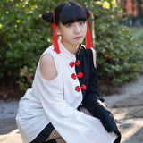 Assimetry Off-Shoulder China Button T-Shirt